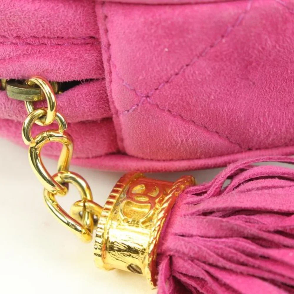 Chanel Hot Pink Quilted Suede Fringe Tassel Round Clutch on Chain88cz425s